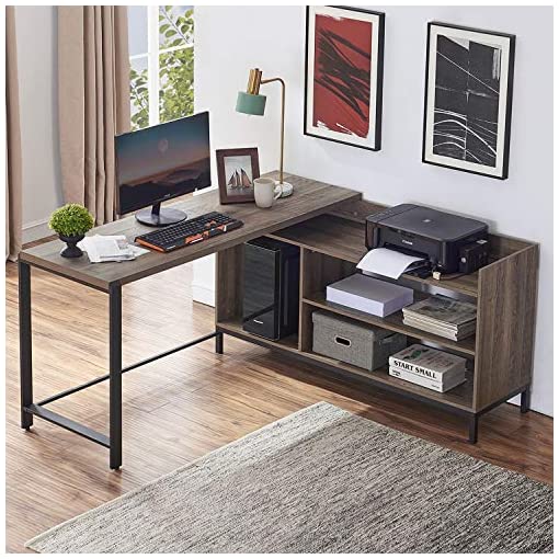 Photo 1 of FELLYTN Rustic Industrial L Shaped Desk, 59 Inch Wood and Metal Study Corner Desk, Office Writing Workstation 
