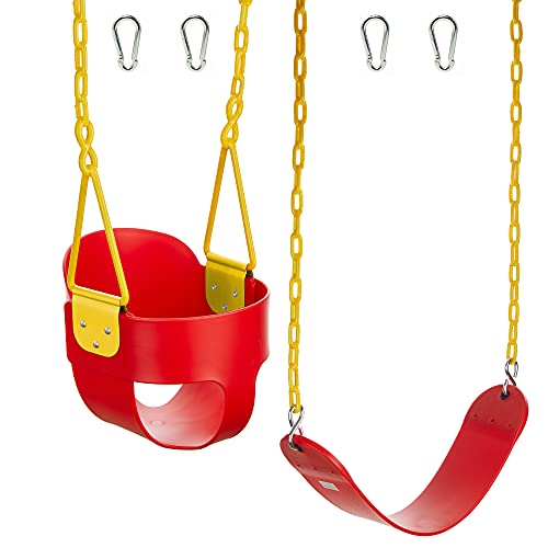 Photo 1 of Squirrel Products Combo - High Back Full Bucket Swing (Triangle and Chain Dip) and Heavy-Duty Swing Seat with Carabiners- Red
