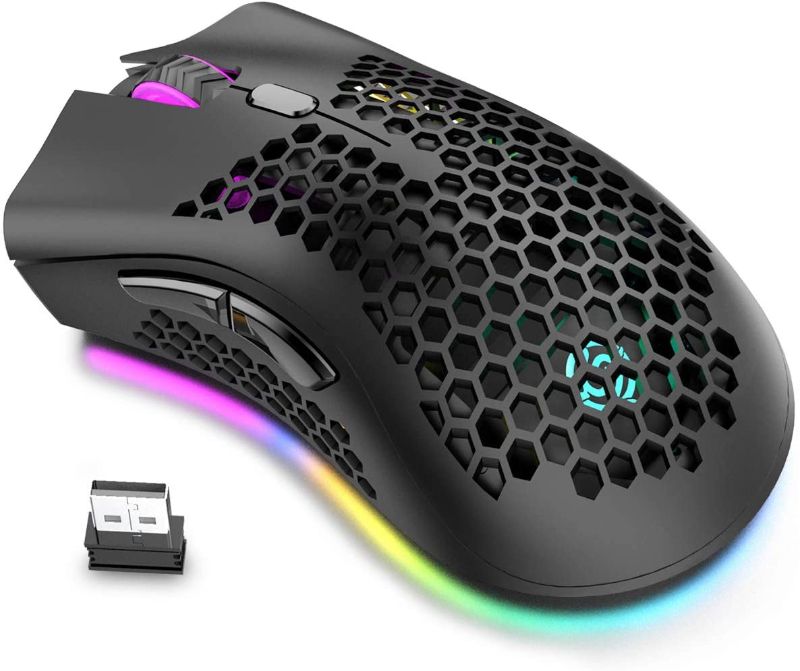 Photo 1 of Wireless Lightweight Gaming Mouse, Ultralight Honeycomb Mice with RGB Backlit, 7 Button, Adjustable DPI, USB Receiver, 2.4G Wireless Rechargeable Ergonomic Optical Sensor Mouse for PC Mac Gamer(black)
