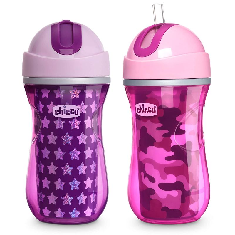 Photo 1 of Chicco Insulated Flip-Top Straw Spill Free Baby Sippy Cup, 12 Months+, Pink/Purple, 9 Ounce (Pack of 2)
