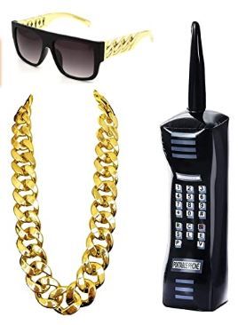 Photo 1 of 80s/90s Accessories Party Decorations,Hip Hop Costume Kit - Fake Acrylic Rapper Gold Chain Necklace,DJ Sunglasses,Inflatable Mobile Phone
