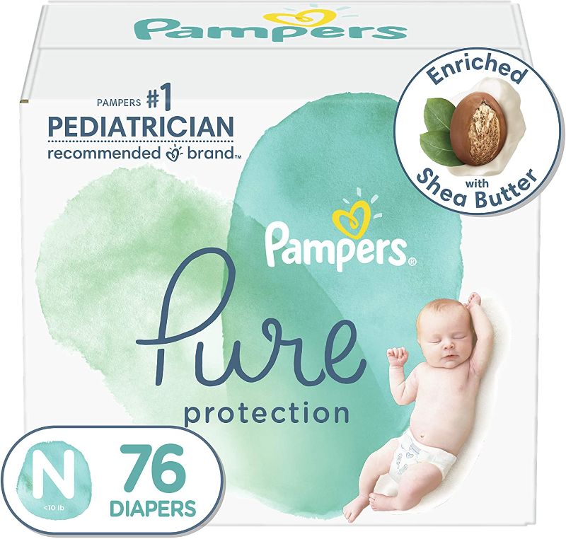 Photo 1 of Diapers Newborn/Size 0 (<10 lb), 76 Count - Pampers Pure Protection Disposable Baby Diapers, Hypoallergenic and Unscented Protection, Super Pack (Packaging & Prints May Vary)
