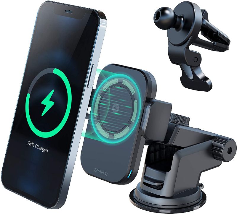 Photo 1 of ZeeHoo Magnetic Wireless Car Charger,15W/10W/7.5W Qi Fast Charging Auto-Clamping Car Mount,Windshield Dash Air Vent Phone Holder for iPhone 13/13 Pro/13 mini/13 Pro Max/12/12 Pro/12 mini/12 Pro Max
