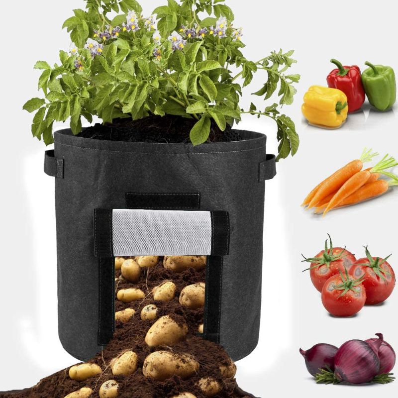Photo 2 of DAMEING Potato Grow Bags, 3 Pack 15 Gallon Aeration Plant Pots Garden Boxes with Handles, Window Potato Planter Pot for Vegetables Fruit Carrot Tomato Onion (Black)
