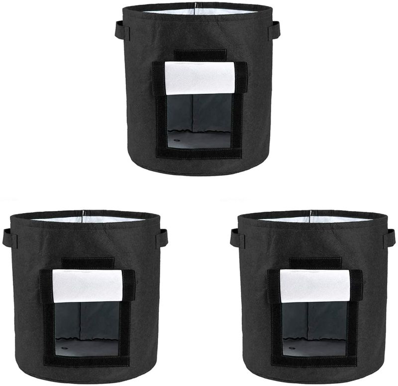 Photo 1 of DAMEING Potato Grow Bags, 3 Pack 15 Gallon Aeration Plant Pots Garden Boxes with Handles, Window Potato Planter Pot for Vegetables Fruit Carrot Tomato Onion (Black)
