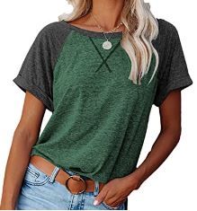 Photo 1 of Women's Casual Crewneck Tshirt Raglan Short Sleeve Shirts Color Block Tops Summer, SIZE XL 