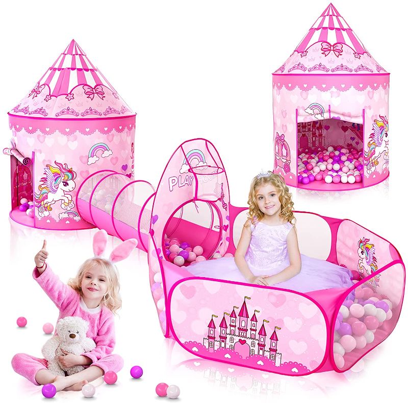 Photo 1 of 3PC Princess Tent for Girls with Kids Ball Pit, Kids Play Tents and Crawl Tunnel for Toddlers, Pink Pop Up Playhouse Toys for Baby Indoor& Outdoor Tent Games, Birthday Kid’s Gifts (Pink Princess 3pc)
