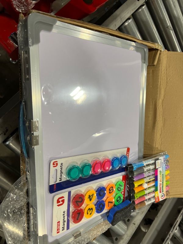 Photo 3 of 12" X 16" Small Dry Erase White Board, Double Sided Magnetic Dry Erase Board with Holder and 10 Digital Magnets Beads , 8 Pens, 6 Magnets & 1 Eraser Foldable Desktop Whiteboard for School Home Office
