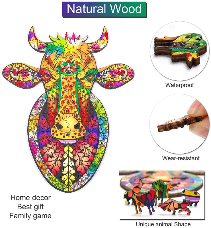 Photo 1 of Unipusaur Wooden Puzzles Unique Shape Rainbow Cattle Jigsaw Difficult Puzzle for Adults and Kids Family Game Play Collection A Gift for Decorative Small Size 6.3 × 7.9 in (16 × 20 cm) - 104 pcs 