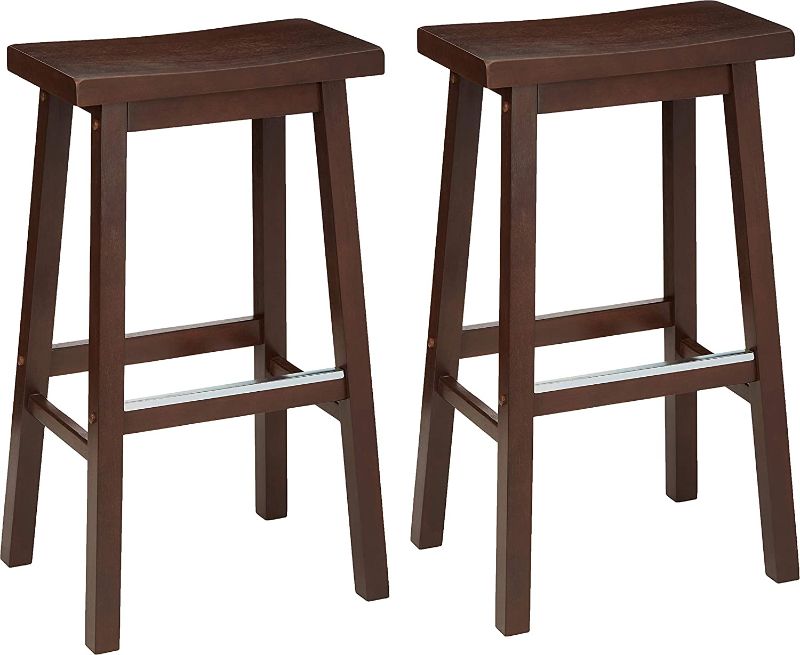 Photo 1 of Amazon Basics Solid Wood Saddle-Seat Kitchen Counter Barstool - Set of 2, 29-Inch Height, Walnut Finish