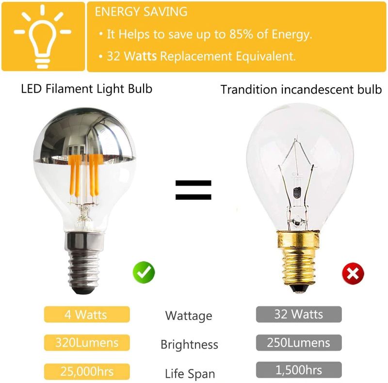 Photo 1 of 12pc! 4 Watts Half Chrome LED Light Bulb G45/G14 Dimmable Edison Bulb Crown Silver Bowl Filament Bulbs with Mirror E12 Candelabra Base Light 32 Watts Equal Warm White 2700K Decorative Lighting Pack of 6