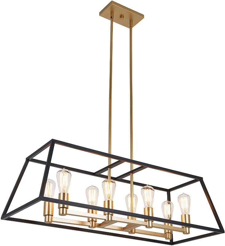 Photo 1 of Artika CAR36-ON Rectangular 8 Pendant Light Fixture, Kitchen Island Chandelier, with a Steel Black and Gold Finish, Age Brass