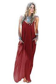 Photo 1 of Mixmax Women's Strappy Casual Loose Boho Chiffon Pocket Long Maxi Dress dark red-large