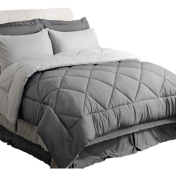 Photo 1 of Bedsure Bed in a Bag 8 Pieces Queen Size, Dark Grey/Light Grey - Soft Microfiber, Reversible Bed Comforter Set (1 Comforter, 2 Pillow Shams, 1 Flat Sheet, 1 Fitted Sheet, 1 Bed Skirt, 2 Pillowcases