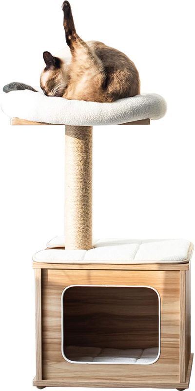 Photo 1 of Catry Scratching Post Cat Tree - A Cat Play House Combo with Cat Hammock, Scratching Post, and Comfort Home Invariably Trap Kitten to Stay Around This 30” Easy Assembled Sturdy Cat Furniture, Beige
