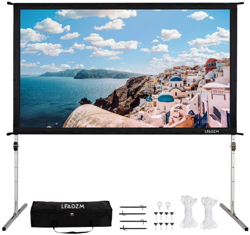 Photo 1 of Leadzm 100 Inch Portable Projection Screen 16:9 HD Wrinkle-Free Fast Folding Projector Screen with Aluminum Support Stand (White)