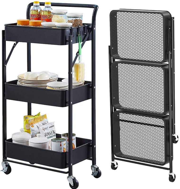 Photo 1 of 3 Tier Foldable Storage Cart with Wheels Folding Utility Rolling Cart Metal Kitchen Storage Shelf Organizer Cart for Living Room,Bedroom,Classroom