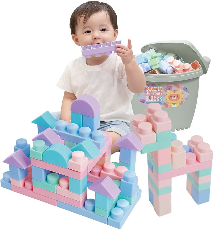 Photo 1 of MOOMU Soft Building Blocks Set for Toddlers, Baby Ages 6 Month Old and up, Safe Chewing, Learning Stacking Block Toys, Non Wooden Gift for Kids Girl / Boys, 120 Pieces with Storage Chair - Blue Gray
