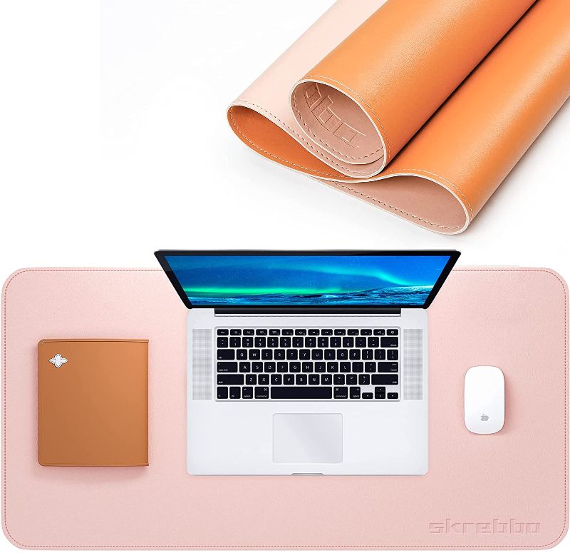 Photo 1 of Desk Pad, Upgrade Sewing PU Leather Desk Protector, Multifunctional Office Desk Pad, Laptop Desk Mat, Waterproof Desk Writing Mat Mouse Pad, Dual-Sided (31.5" x 15.7", Pink/Orange)
