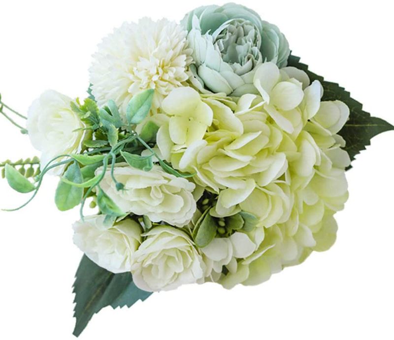 Photo 1 of Artificial Flowers,Fake Hydrangea Silk Peony Plastic Rose Bouquet Decor Realistic Flower Arrangements Wedding Decoration Table Centerpieces (Light Green)--- 2 PACK
