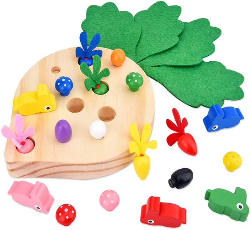 Photo 1 of Montessori Wooden Toys Pull Insert Carrot Toy Shape Size Sorting Game Kid Pluck Carrot Rabbit Toy Toddler Mushroom Match Game Early Educational Toy Learn Motor Skill Gift for Child 3-5 Year Old