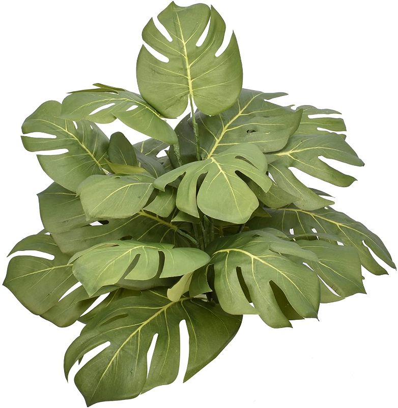 Photo 1 of 6 Piece Artificial Palm Plants Monstera Deliciosa Tropical Green Leaves Decor, Large Fake Faux Indoor Outdoor Plant Imitation Leaf for Home Kitchen Wedding Party Decor Flowers Arrangement(15")