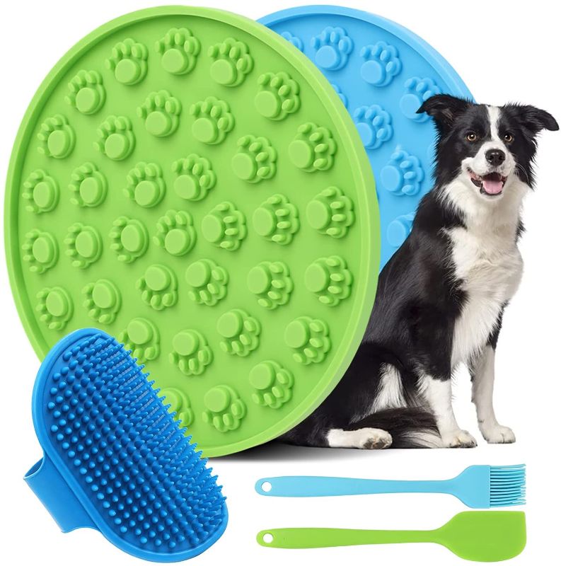 Photo 1 of 5 in 1 Pack Lick Mat for Dogs Slow Feeder for Anxiety Relief Dog Cat Mat Super Suction Silicone Interactive Dog Puzzle Feeder for Small and Large Dogs for Bathing and Training with Dog Grooming Brush