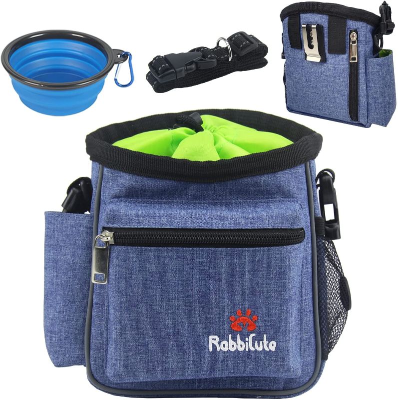 Photo 1 of RABBICUTE Metal Belt Shoulder Strap Dog Training Bag, 3 Way Belt Clip to Carry, Poop Bag Dispenser, Collapsible Bowl, Large Capacity for Kibbles Toys (M, JEAN BLUE-BOWL)