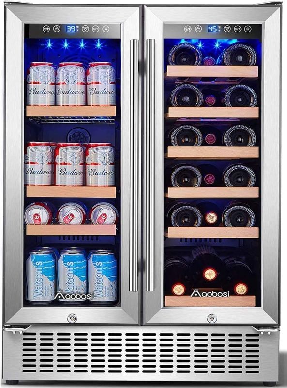 Photo 1 of AAOBOSI 24 Inch Beverage and Wine Cooler Dual Zone 2-IN-1 Wine Beverage Refrigerator with Independent Temperature Control, LED Light, Quiet Operation, Energy Saving, Hold 18 Bottles and 57 Cans