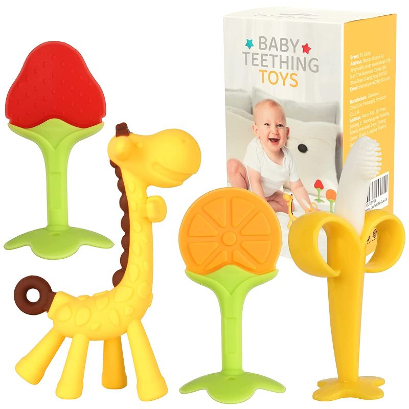 Photo 1 of Baby Teething Toys for Newborn (4-Pack) Freezer Safe BPA Free Infant and Toddler Silicone Banana Toothbrushes Fruit Giraffe Teethers Soothe Babies Gums Set with Storage Case