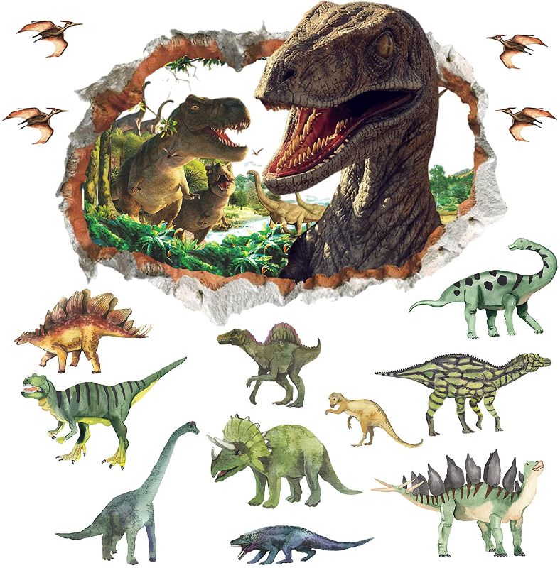 Photo 1 of 30 Pieces Dinosaur Wall Decals Dinosaur Forest Wall Stickers 3D Creative Dinosaur Wall Decals Peel and Stick Removable Wall Decals for Baby Bedroom Bathroom Living Room Wall Art Decoration