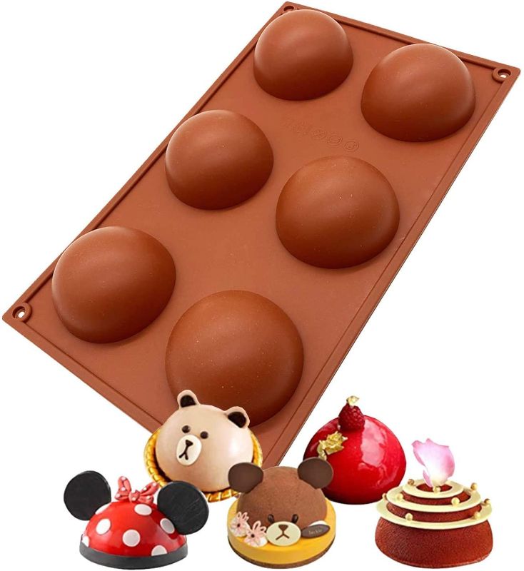 Photo 1 of 6 Holes Silicone Mold For Chocolate, Cake, Jelly, Pudding, Handmade Soap, Round Shape Half Sphere Mold Non Stick, BPA Free Cupcake Baking Pan 1 Pc (2 pcs Brown)