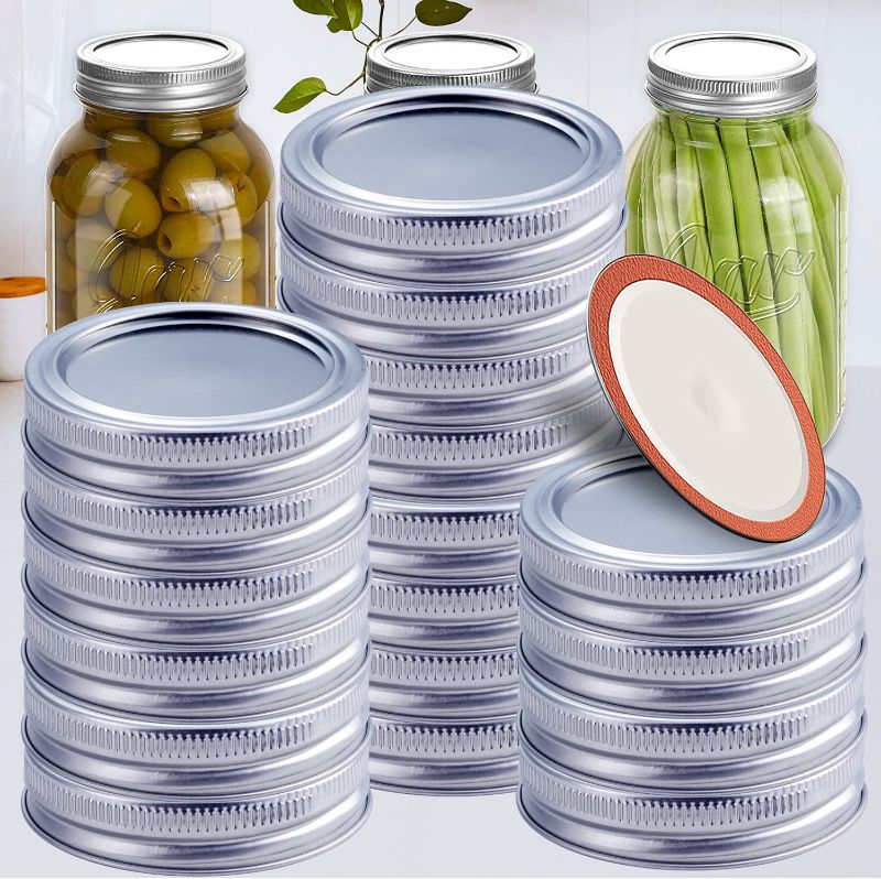 Photo 1 of 24 Sets Wide Mouth Canning Lids and Rings for Ball, Kerr Jars, Split-Type Food-Grade Metal Mason Jar Lids and Bands for Canning, Storing, Pickling-100% Fit & Airtight for Large Mouth Jars-Silver