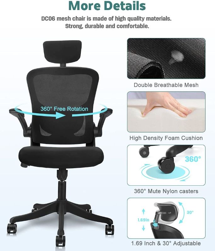 Photo 1 of VANSPACE Ergonomic Office Chair High Back Mesh Chair with Flip-up Armrest and Lumbar Support, Swivel Computer Task Chair Home Office Desk Chair with Tilt Function and Adjustable Headrest, DC06 Black
