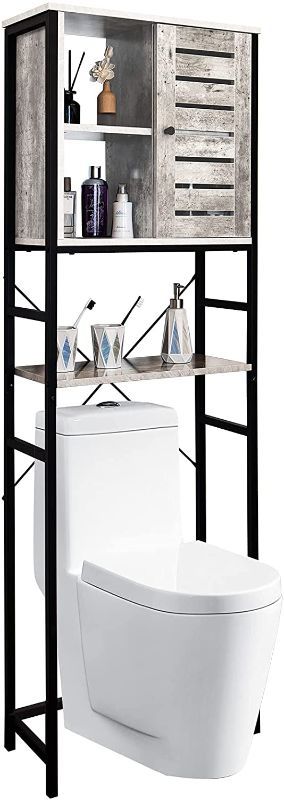 Photo 1 of LELELINKY OVER THE TOILET STORAGE CABINET, BATHROOM ORGANIZER SHELF, 3-TIER TALL FREE STANDING MULTIFUNCTIONAL RACK WITH DOOR AND OPEN SHELVES, INDUSTRIAL STEEL FRAME - 67 INCH, RETRO GREY
