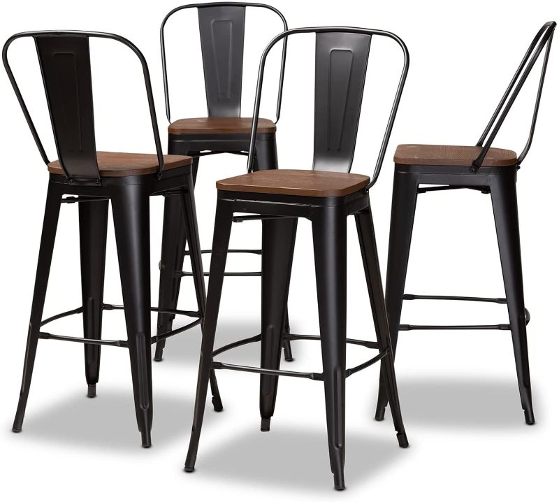 Photo 1 of Baxton Studio Rosetta Modern Industrial Black Metal and Walnut Brown Finished Wood 4-Piece Bar Stool Set
