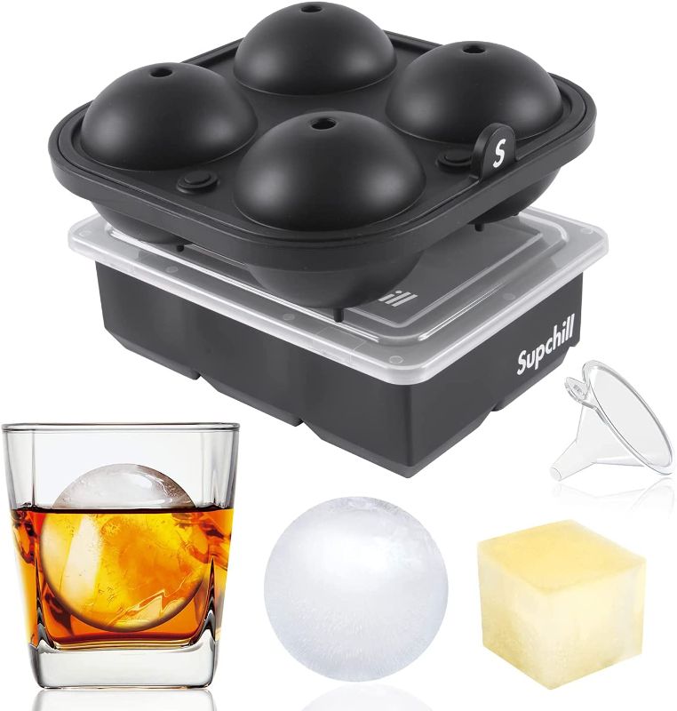 Photo 1 of 
Supchill Ice Ball Maker Mold Tray - Silicone Round Sphere Ice Cube Mold Tray with Lid and Funnel - Makes 2.5 Inch Large Ice Balls for Whiskey and Cocktails - Reusable and BPA Free (Set of 2)
