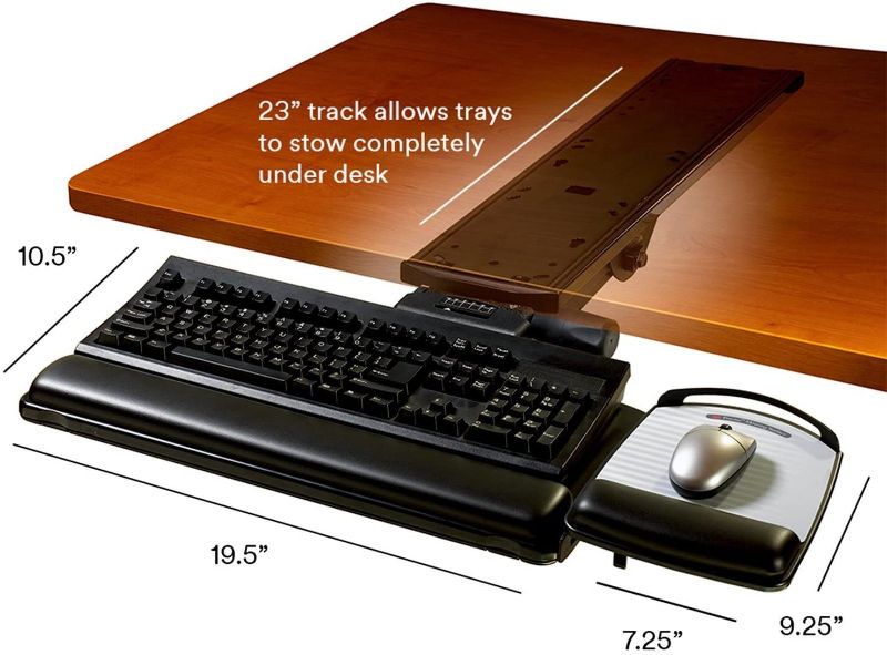 Photo 1 of 3M Keyboard Tray, Just Lift to Adjust Height and Tilt, Adjustable Tray and Mouse Platform Include Gel Wrist Rest and Precise Mouse Pad, Tray Swivels and Stores Under Desk, 23" Track, Black 
