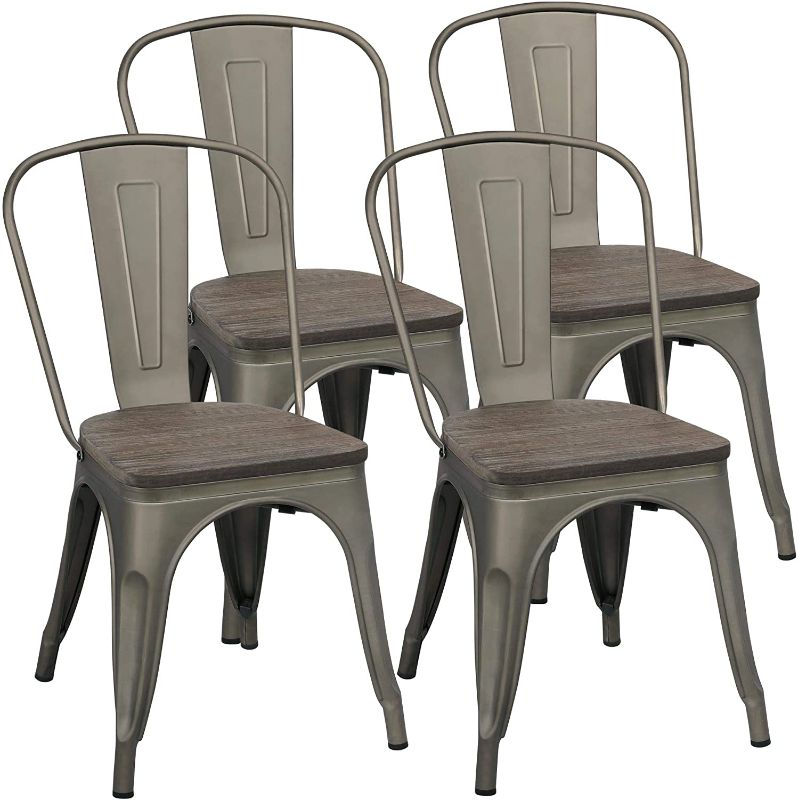 Photo 1 of  Metal Dining Chairs with Wood Seat/Top Stackable Side Chairs Kitchen Chairs with Back Indoor-Outdoor Classic/Chic/Industrial/Vintage Bistro Café Trattoria Kitchen Gun Metal, Set of 4
