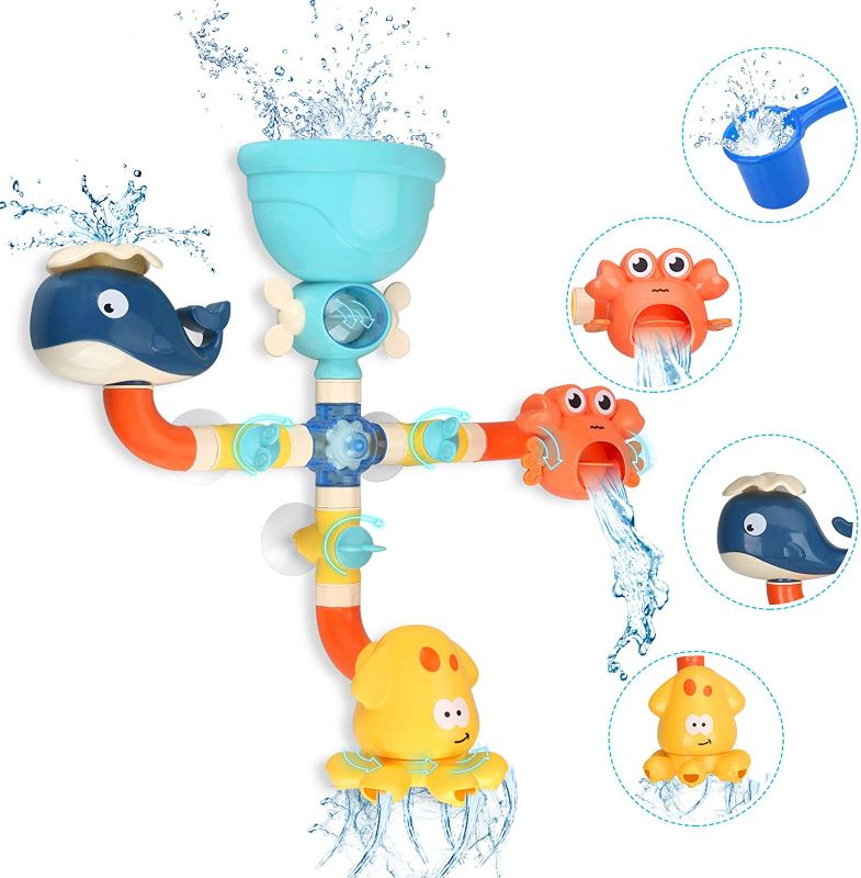 Photo 1 of Bath Toys for Toddlers Kids 1 2 3 4 5 Years Old Boys and Girls, Bathtub Toy Baby Bathing DIY Pipes Tubes with Spinning Waterfall Water Spout Color Box