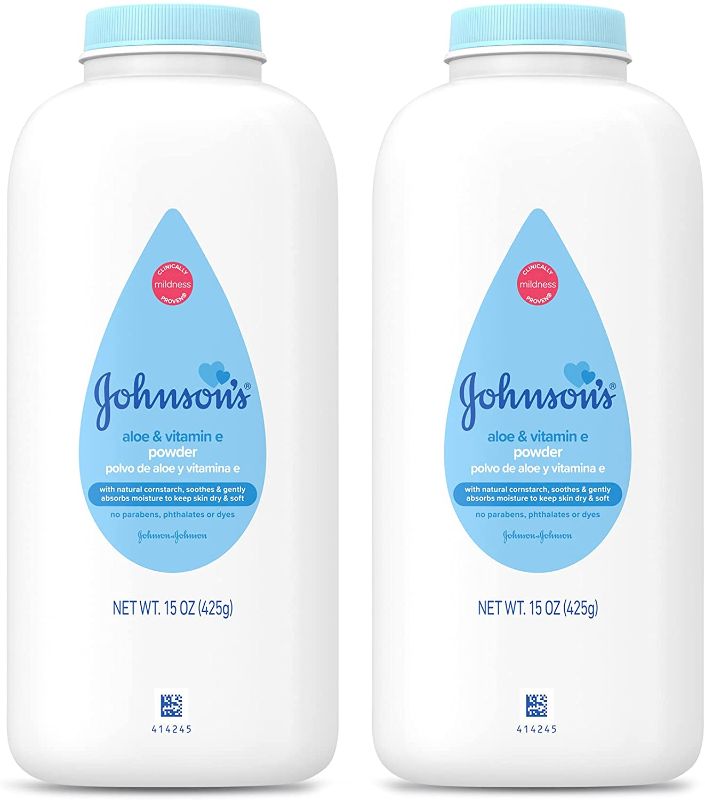 Photo 1 of Johnson's Baby Powder, Naturally Derived Cornstarch with Aloe & Vitamin E for Delicate Skin, Hypoallergenic and Free of Parabens, Phthalates, and Dyes for Gentle Baby Skin Care, 15 oz (Pack of 2)