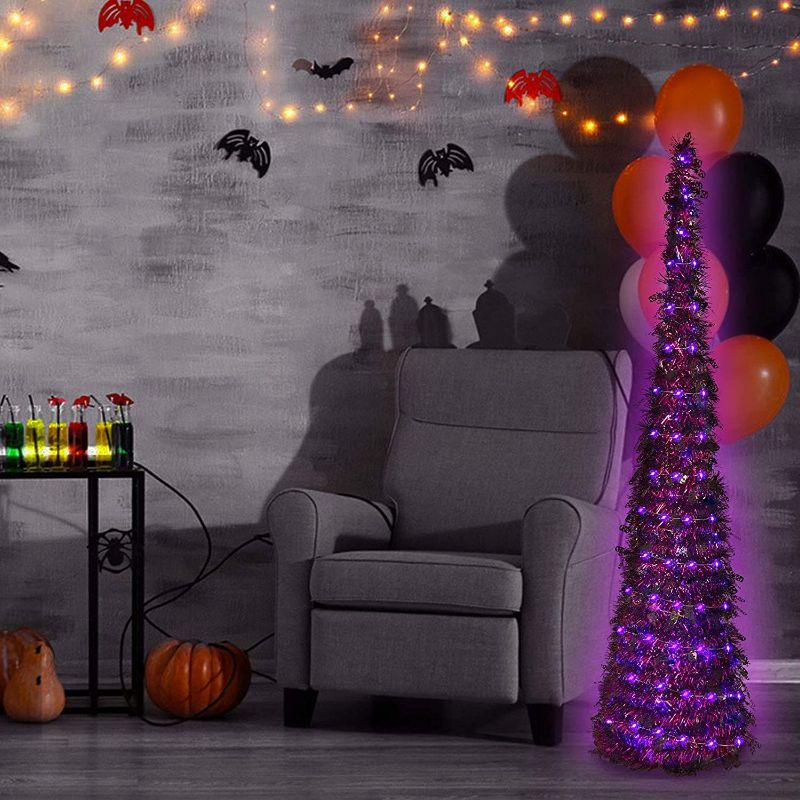 Photo 1 of Lighted Halloween Tree, Halloween Tree with Lights Artificial Tinsel Twist Halloween Tree Decoration, Indoor & Outdoor, Party Decoration (4.9FT, Purple)