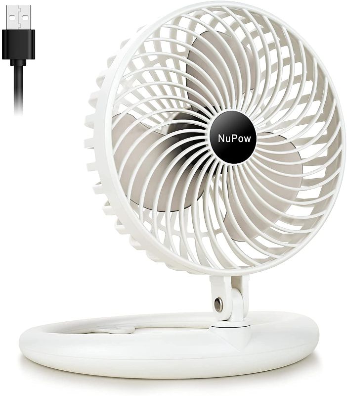 Photo 1 of NuPow Desk Fan Small Table Fan, 8-Inch USB Powered Quiet Portable Foldaway Fan Adjustable 540-degree Angle, Wall Mount, 3 Speed, Mini Room Personal Fan for Bedroom Office Home, 5ft Cord (White)