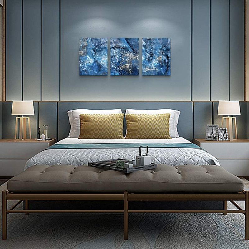 Photo 1 of Blue Abstract Canvas Wall Art Wall Decor For Living Room Modern Wall Decorations For Bedroom Family Bathroom Abstract Paintings Office Canvas Art Hang Pictures Artwork Kitchen Home Decoration 3 Piece