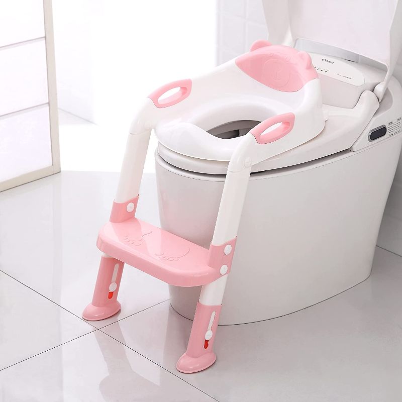 Photo 1 of 711TEK Potty Training Seat Toddler Toilet Seat with Step Stool Ladder,Potty Training Toilet for Kids Boys Girls Toddlers-Comfortable Safe Potty Seat Potty Chair with Anti-Slip Pads Ladder (Pink)
