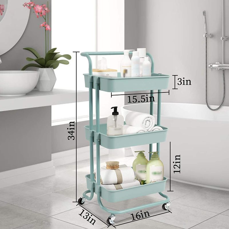 Photo 1 of danpinera 3 Tier Rolling Utility Cart with Wheels and Handle Storage Organization Shelves for Kitchen, Bathroom, Office, Library, Coffee Bar Trolley Service Cart, Green