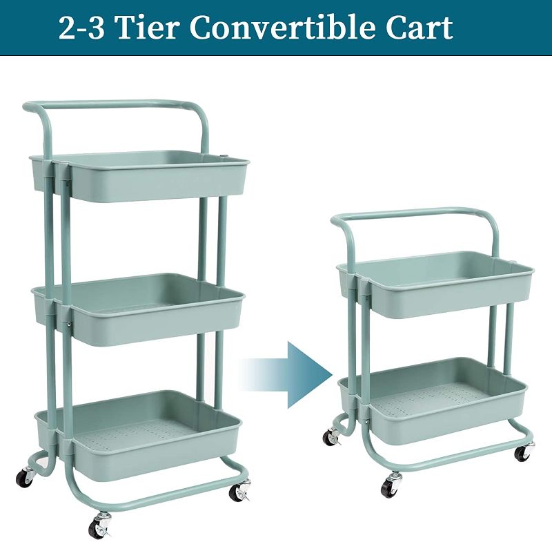 Photo 2 of danpinera 3 Tier Rolling Utility Cart with Wheels and Handle Storage Organization Shelves for Kitchen, Bathroom, Office, Library, Coffee Bar Trolley Service Cart, Green