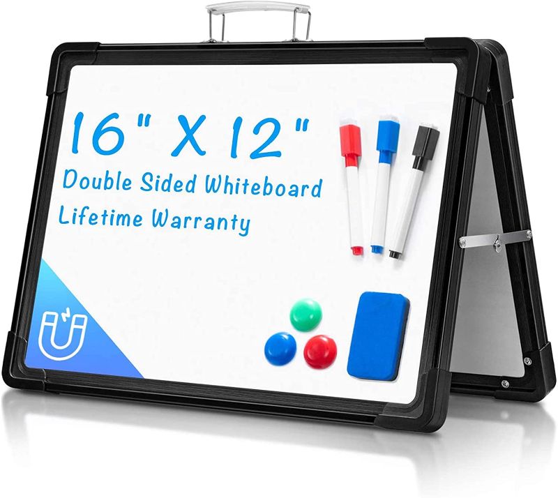 Photo 1 of Small Dry Erase White Board for Desk, ARCOBIS 12"X16" Portable Magnetic White Board Double-Sided Desktop Foldable Whiteboard Easel for Students Classroom Home Office, Black set of 2