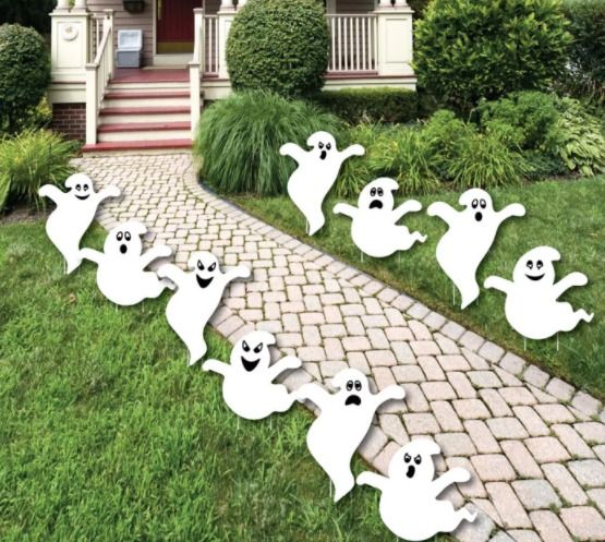 Photo 1 of Big Dot of Happiness Spooky Ghost - Ghost Shape Lawn Decoration Signs - Outdoor Halloween Yard Decorations - 10 Piece
