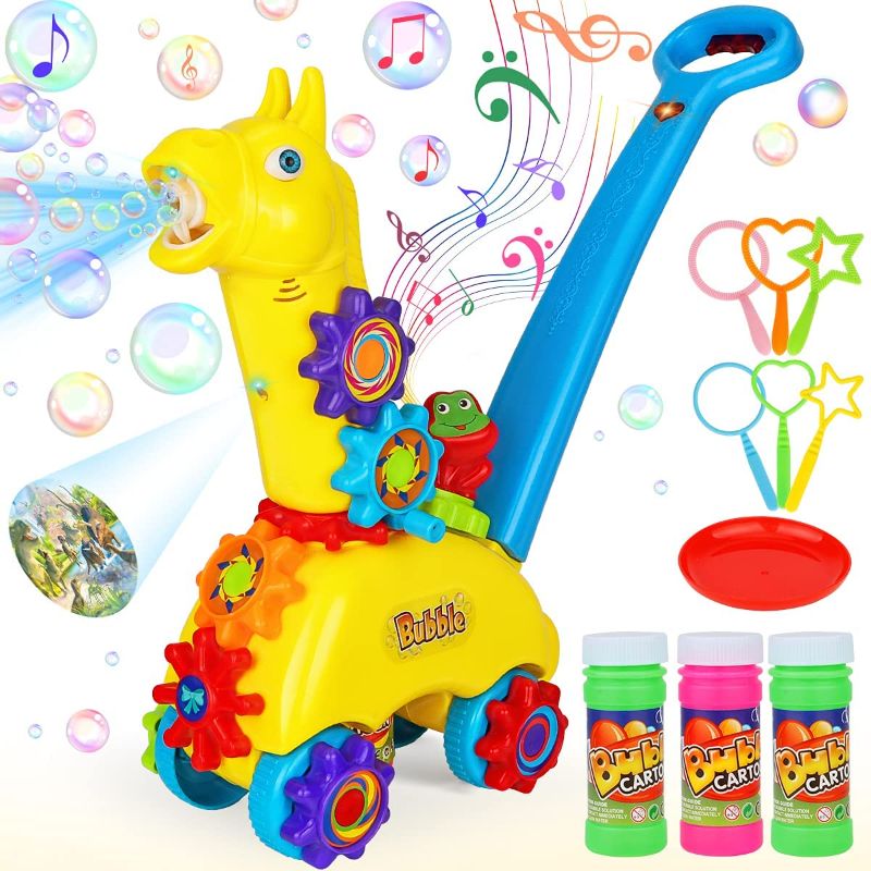 Photo 1 of Hapyland Toddler Bubble Machine, 3 Year Old Kids Bubble Mower Indoor Automatic Bubble Blower Outdoor Push Toys Giraffe Light & Music Toys for 3 Year Old Boys Girls
